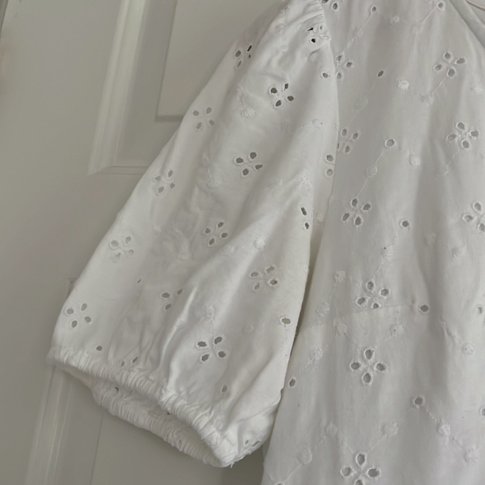 Loft White Eyelet Tiered Swing Dress medium Petite Puff Sleeves - Picture 4 of 8